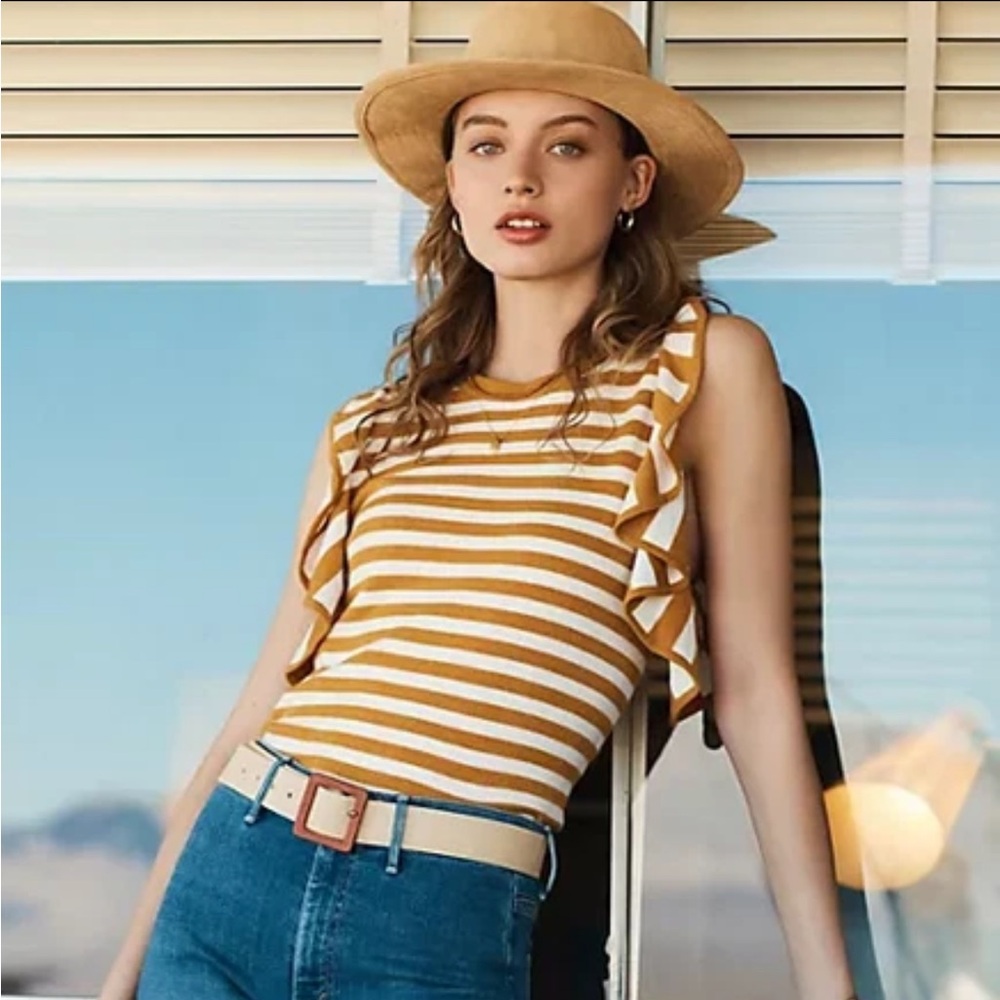 Anthropologie Jillian Flutter-Sleeve Knit Yellow and White Ruffle Tank Top